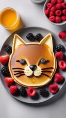 creative food concept - pancake in the shape of a cat with blueberries and strawberries. generative ai