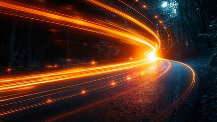 Obraz premium Spiraling light trails ascend in darkness with orange glow