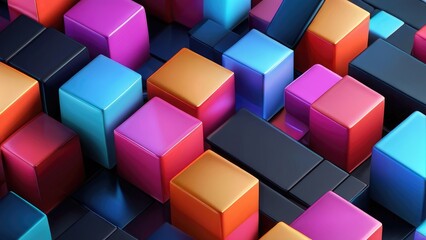 Abstract 3d cubes tech speed movement pattern design background concept, illuminating blue and orange neon glow, bokeh