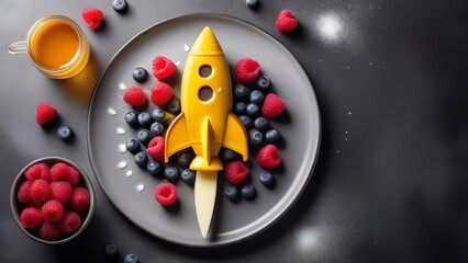 Funny food for children, rocket-shaped pancake with berries and honey. generative ai