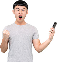 Excited Asian man holding cellphone in hands with opened mouth while celebrating victory PNG file no background 