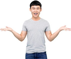 Smiling Asian man in casual wear with opening hands PNG file no background 