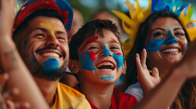 A Latinx family cheers on their youngest member at a soccer game, their faces painted with team colors, radiating pure joy and support.