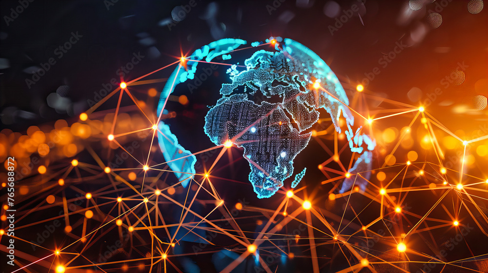 Poster the interconnected globe, a digital visualization of global networking and communication, symbolizin