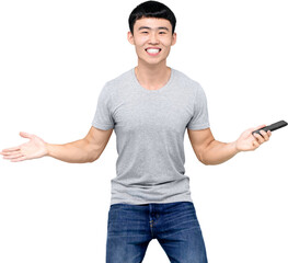 Smiling Asian man with cellphone in hand PNG file no background 