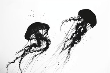 minimalist illustration, sleek jellyfish silhouetted, stark white background