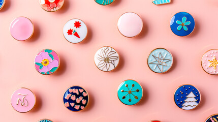 Colorful collection of decorative buttons on pink background