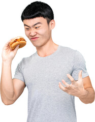 Angry Asian man looking at burger PNG file no background 