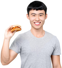 Smiling Asian man with burger PNG file no background 