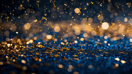 Golden Glitter Confetti Explosion on Navy Blue Background - obrazy, fototapety, plakaty