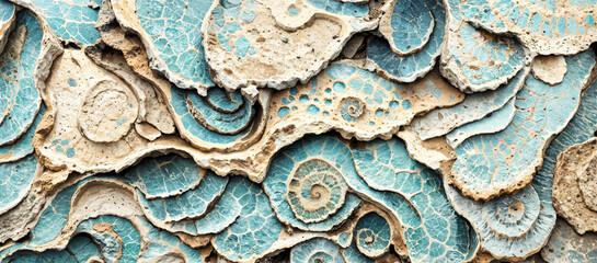 Ammonite pattern background texture of light blue ocean fossil seashells layered rock formation. 