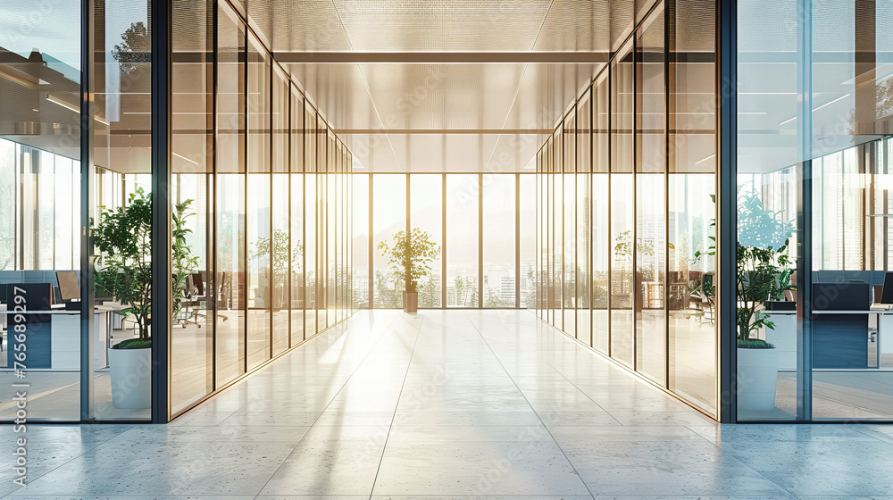 Poster the minimalist design of a modern office corridor, where simplicity and functionality converge, crea