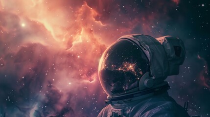 A lone astronaut gazes out of their helmet visor at a breathtaking nebula, their expression a mix of wonder and isolation. (cinematic, wide shot) - obrazy, fototapety, plakaty