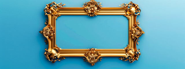 Elegant golden baroque frame on blue background
