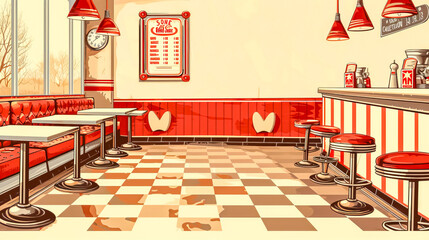 Vintage diner interior with checkerboard floor