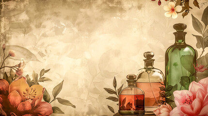 Vintage floral perfume bottles background