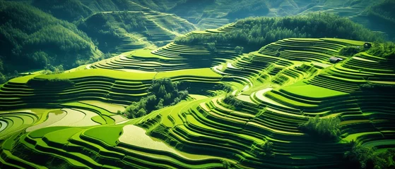 Fotobehang Aerial perspective of a Chinese terraced green rice fields © bardhok