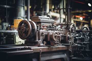 Intricate Machinery at Work: A Detailed Look at a Rolling Mill Stand in a Rustic Industrial Setting - obrazy, fototapety, plakaty