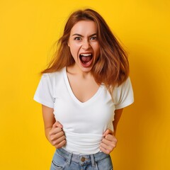 A portrait of a young woman passionately shouting with joy or surprise, hands clenched, vibrant yellow backdrop.