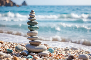 zen stones arranged in a balance pyramid on the beach. Beautiful azure color sea with blurred seascape background. Meditation and Harmony concept