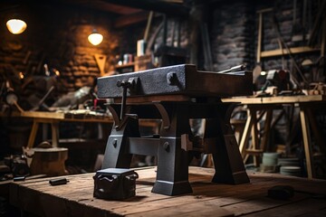 A classic blacksmith's anvil in the heart of a dimly lit workshop filled with various hand tools and brick wall background