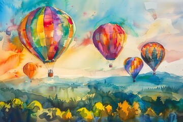 Obraz na płótnie Canvas Vibrant Watercolor Painting of a Colorful Hot Air Balloon Festival in a Scenic Landscape