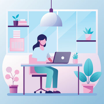 Women working  at desk - A women working at desk in the modern environment. Flat design vector illustration with beautiful background
