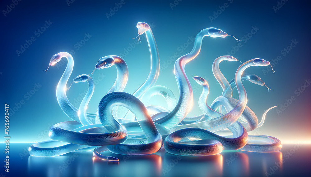 Poster an artistic rendering featuring translucent color snakes against a gradient blue background, illumin