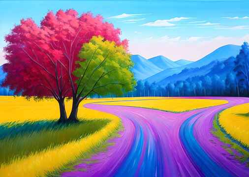 landscape in a fabulous forest, rainbow spectrum of colorful autumn trees in unusual neon lighting, fog background autumn fantasy painted, mountain and forest terrain, Generative AI	