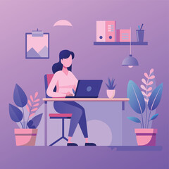 Women working  at desk - A women working at desk in the modern office . Flat design vector illustration with beautiful background
