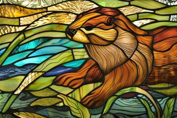 Fototapeta premium Detailed stained glass depiction of a playful river otter, energetic and vibrant
