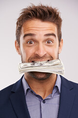 Portrait, business and man with cash in his mouth, financial and prize on white studio background....
