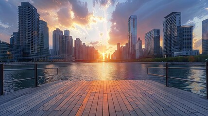 Sunlight bathes the cityscape viewed from a peaceful pier - obrazy, fototapety, plakaty