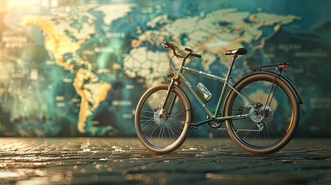 World Bicycle Day. June 3. A bicycle with a world map in the background. Space for text.
