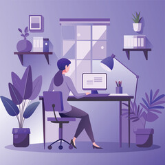 Women working  at desk - A women working at desk in the modern office . Flat design vector illustration with beautiful background
