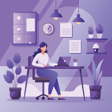 Women working  at desk - A women working at desk in the modern office . Flat design vector illustration with beautiful background
