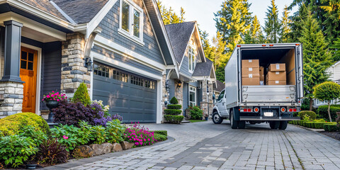 Open moving truck with boxes and parcels in driveway of suburban house, wide banner - obrazy, fototapety, plakaty