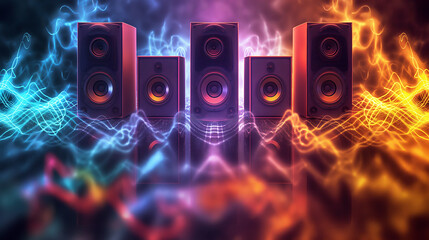 Music sounds speaker system on colorful bokeh background, The sound wave on the audio equipment control, entertainment concept for sounds and music editing, - obrazy, fototapety, plakaty
