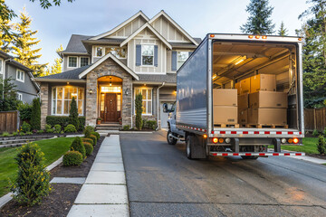 Open moving truck parked in driveway of suburban house, movers, relocation, moving in or out - obrazy, fototapety, plakaty