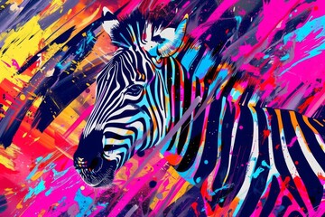 Energetic Abstract Zebra, Vibrant Splattered Paint Background, Modern Digital Art