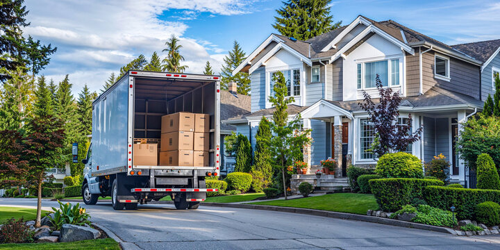 Open moving truck in driveway of suburban house, moving in to new home