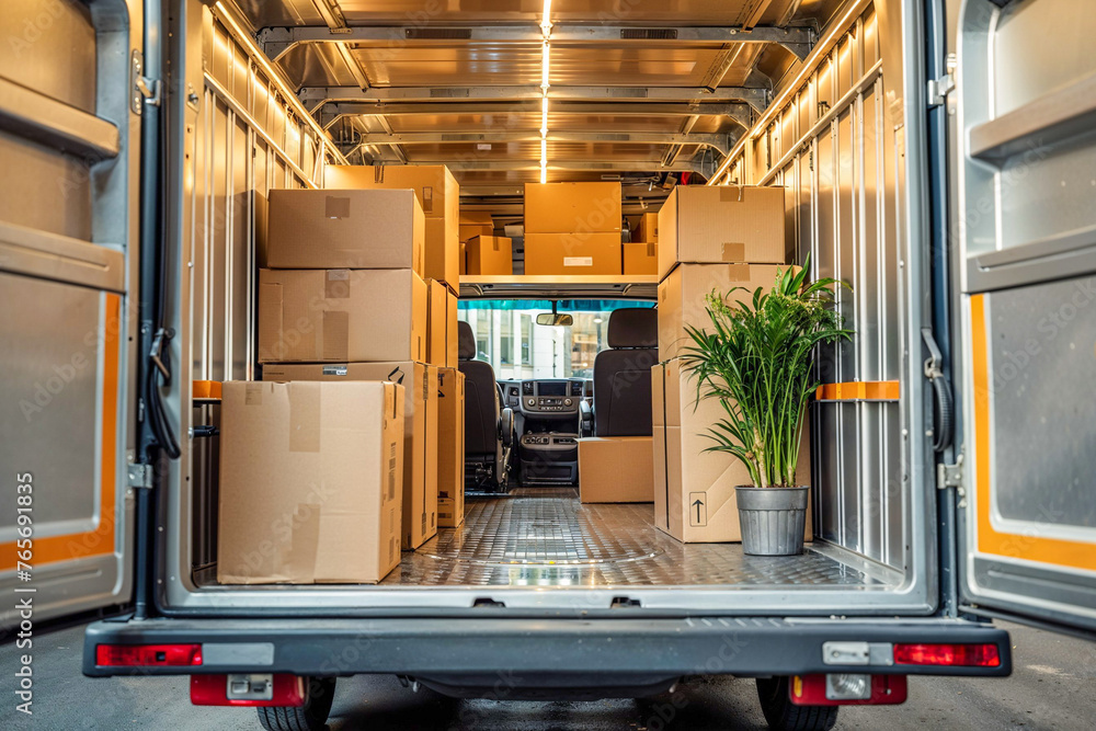 Wall mural Back of a moving truck with cardboard boxes and a plant, interior