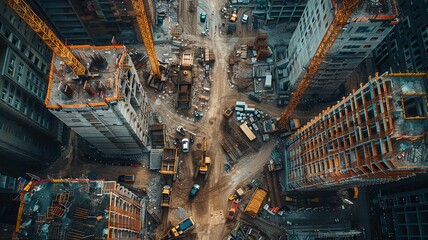 Drone flying over a bustling urban construction site - obrazy, fototapety, plakaty