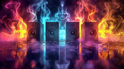 Music sounds speaker system on colorful bokeh background, The sound wave on the audio equipment control, entertainment concept for sounds and music editing,