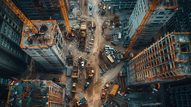Drone flying over a bustling urban construction site
