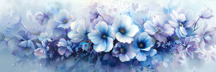 Blue flowers are the subject of artwork, featuring marine-inspired elements, colorful gradients, and hues of light violet and azure. - obrazy, fototapety, plakaty