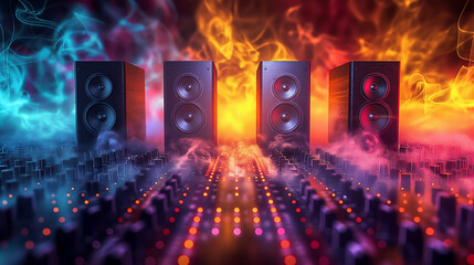 Music sounds speaker system on colorful bokeh background, The sound wave on the audio equipment...