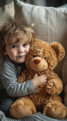A portrait of a toddler boy whispering a secret to his stuffed animal, both of them smiling, copy space, backdrop, background