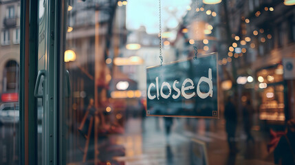 A sign that says "Sorry, we're closed". Shops