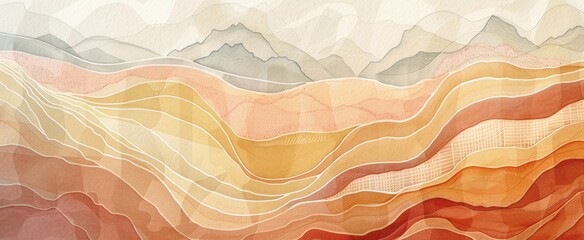 A watercolor painting features curved waves, with muted earth tones, engraved line-work, and emotive fields of color. - obrazy, fototapety, plakaty